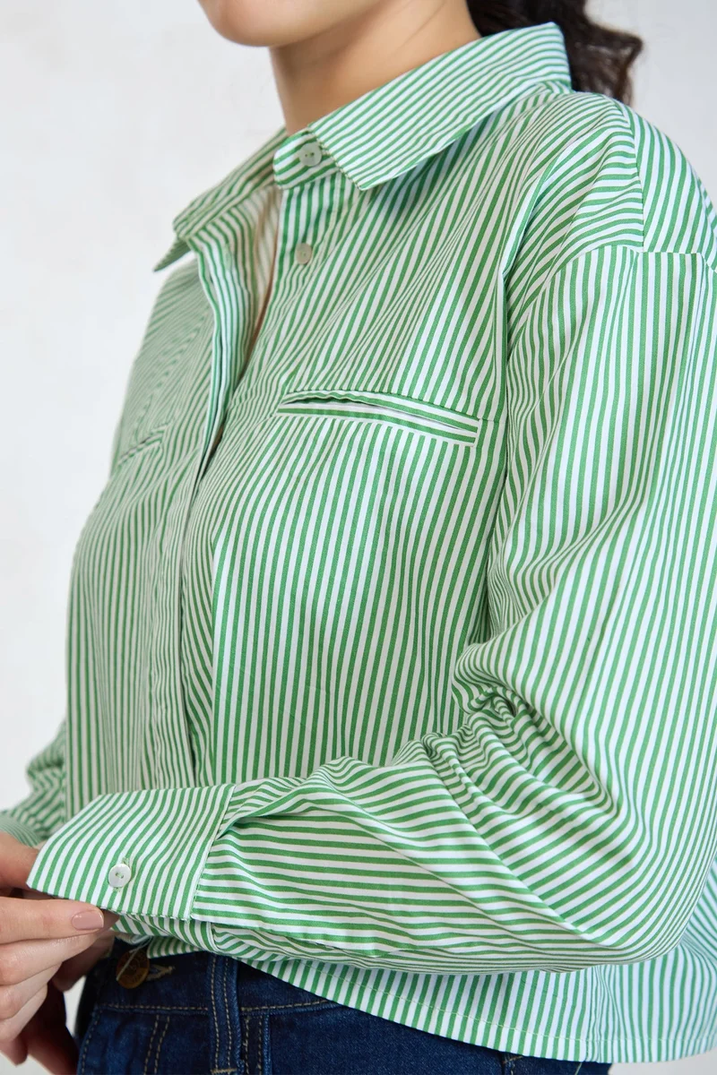 Virgio  Solid Cotton Green-White Striped Shirt for Women for Women | Best Price UAE