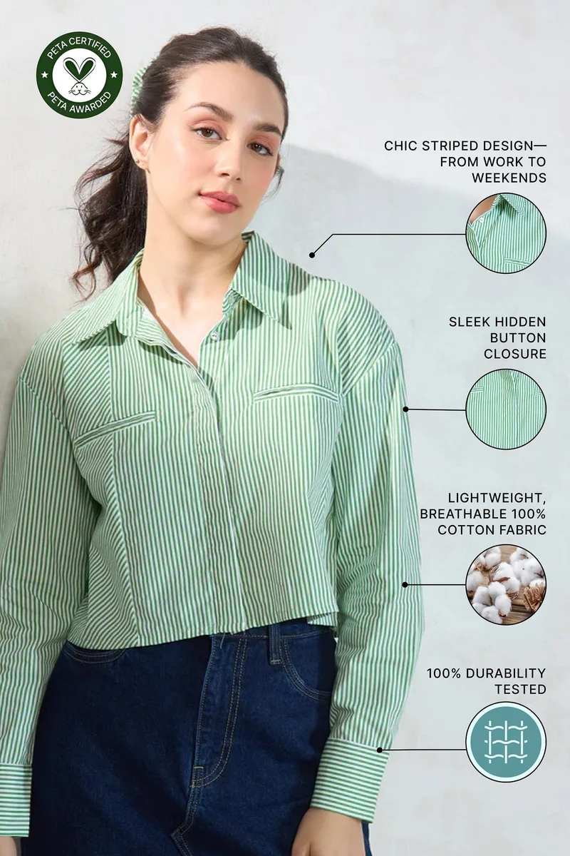 فيرجيو Solid Cotton Green-White Striped Shirt for Women