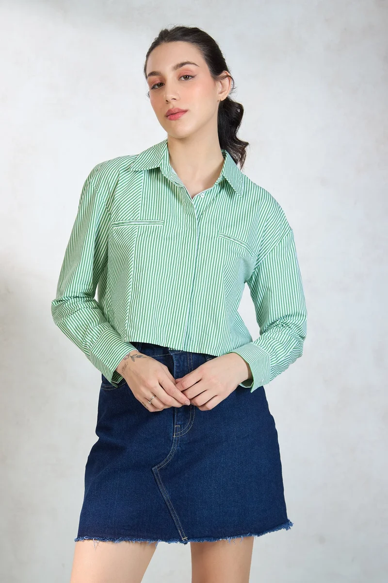 Solid Cotton Green-White Striped Shirt for Women
