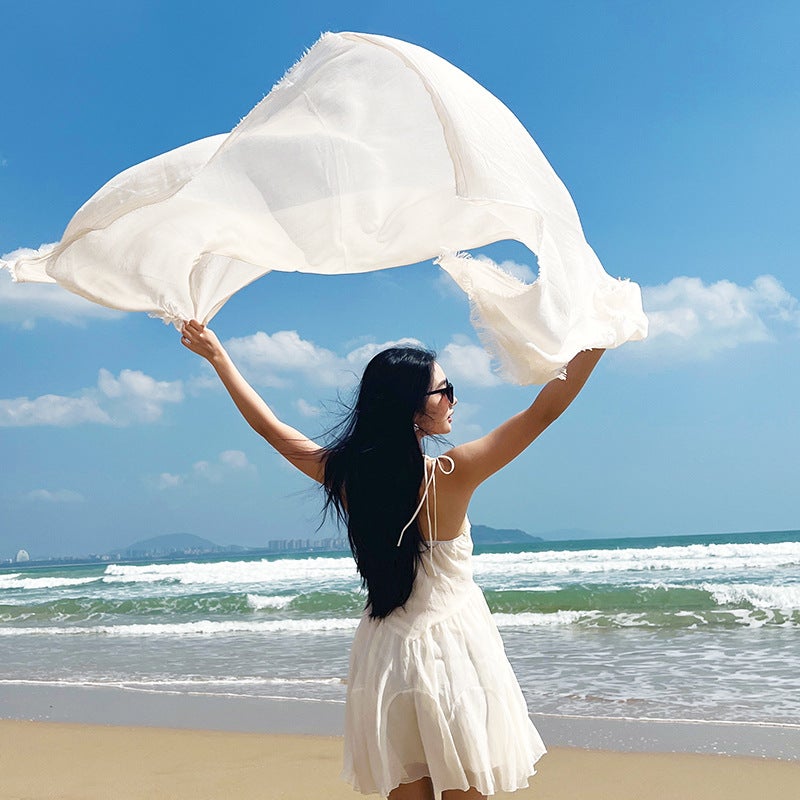 Cotton And Linen Scarf, High-End Solid Color Japanese And Korean Atmosphere Gauze Scarf, Sun Protection Shawl, Simple Long Silk Scarf - Image 5