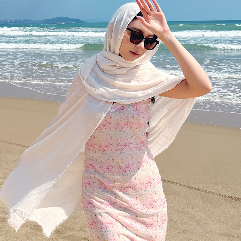 Cotton And Linen Scarf, High-End Solid Color Japanese And Korean Atmosphere Gauze Scarf, Sun Protection Shawl, Simple Long Silk Scarf - Image 2