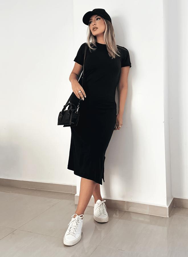 Take Two Black Solid T-Shirt Midi Dress - Image 1