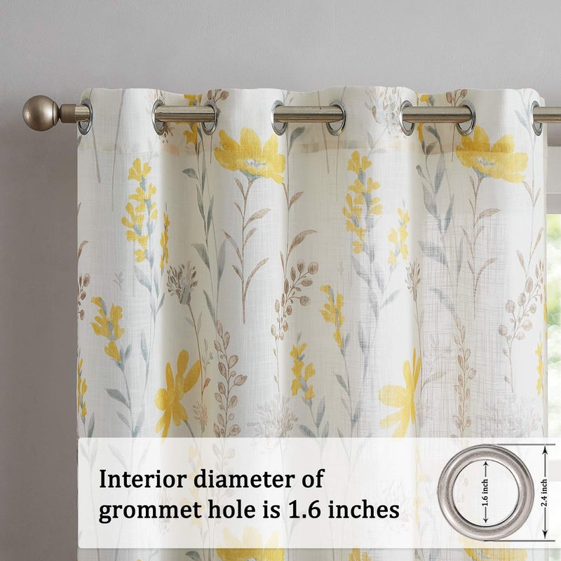 July Joy Printed Sheer Curtains Linen Textured for Living Room Floral Leaf Design Farmhouse Style Window Panel Drapes Set Grommet Treatment for Bedroom, Dining, 52 x 84 inch, Yellow - Image 2