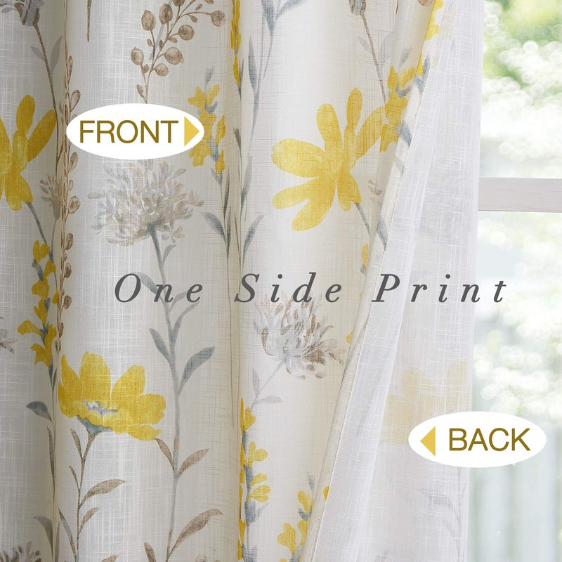 July Joy Printed Sheer Curtains Linen Textured for Living Room Floral Leaf Design Farmhouse Style Window Panel Drapes Set Grommet Treatment for Bedroom, Dining, 52 x 84 inch, Yellow - Image 3