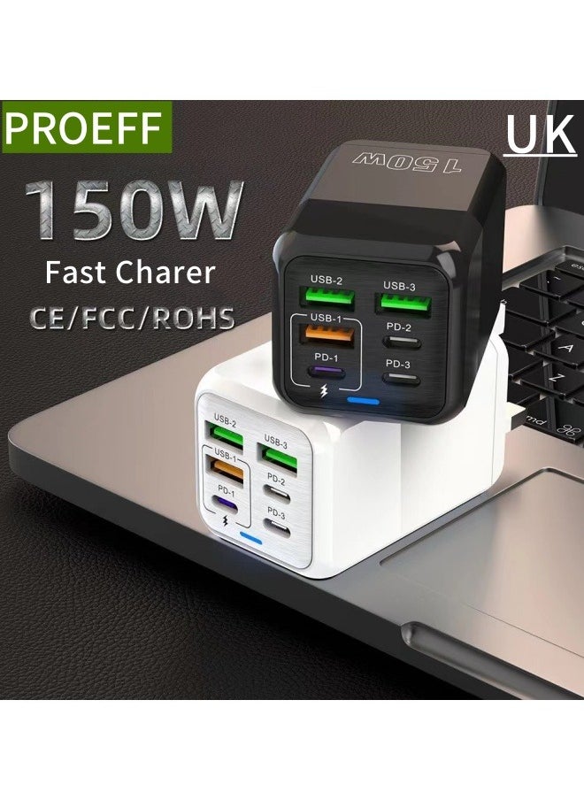 PROEFF 6 Ports 150W Multifunctional Super Fast Charging Adapter Mobile Phone Charger Travel Power Adapter Black  - Image 2