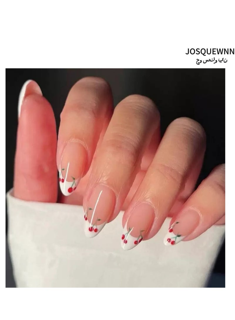 جوسكوين أظافر لاصقة جاهزة للاستخدام، 24 قطعة، فن الأظافر بتصميم الطرف الفرنسي الأبيض وزينة الكرز، مجموعة من 24 قطعة فنية منعشة، مثالية للاستخدام اليومي. مجموعة أظافر أكريليك مع لاصق. - Image 1