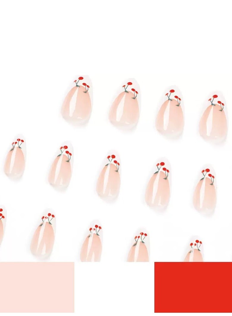 جوسكوين أظافر لاصقة جاهزة للاستخدام، 24 قطعة، فن الأظافر بتصميم الطرف الفرنسي الأبيض وزينة الكرز، مجموعة من 24 قطعة فنية منعشة، مثالية للاستخدام اليومي. مجموعة أظافر أكريليك مع لاصق. - Image 2
