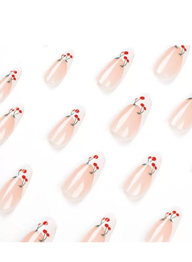 جوسكوين أظافر لاصقة جاهزة للاستخدام، 24 قطعة، فن الأظافر بتصميم الطرف الفرنسي الأبيض وزينة الكرز، مجموعة من 24 قطعة فنية منعشة، مثالية للاستخدام اليومي. مجموعة أظافر أكريليك مع لاصق. - Image 3