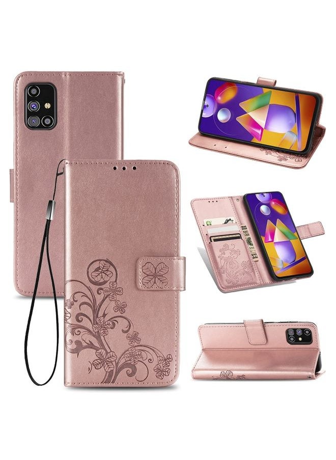 Generic Case Cover For Samsung Galaxy M31s Four-leaf Clasp Embossed Buckle Mobile Phone Protection Leather Case with Lanyard & Card Slot & Wallet & Holder Rose Gold 