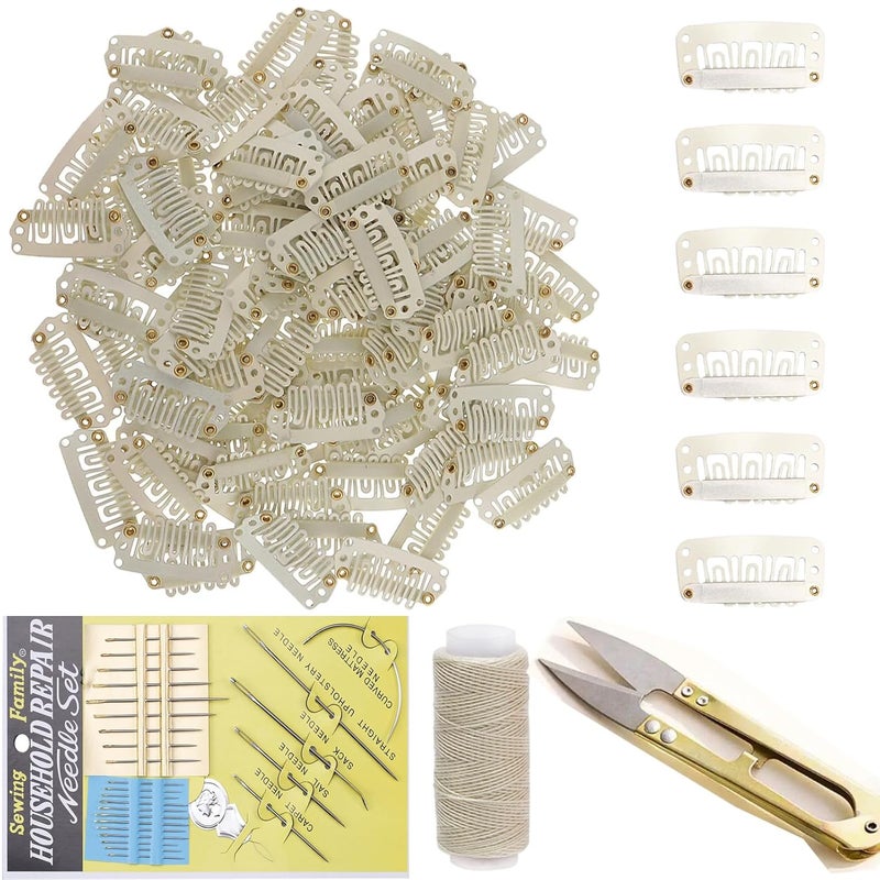 Funyn Wig Clips with Soft Rubber Hair Extensions Clips 32mm UShape Snap Comb Clips Hair Wig Clip Needles Thread Scissors Set for wig hair extensions Beige