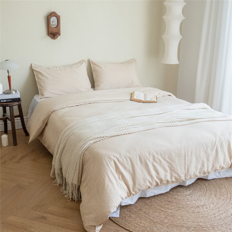 BISELINA French Linen Duvet Cover Set 3pcs with Hidden Zipper Closure Natural Flax Cotton Blend Solid Color Soft Breathable Luxury Farmhouse Bedding Queen Size LinenBeige