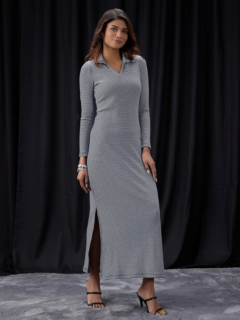globus Women Black Collared Neck Long Sleeves Striped Ribbed Side Slits Maxi Bodycon Dress