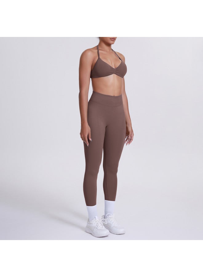Seamless Solid Color Beautiful Back Halter Bra And Long Pants Yoga Suit Tight Running Fitness Sports Two-piece Set - Image 3