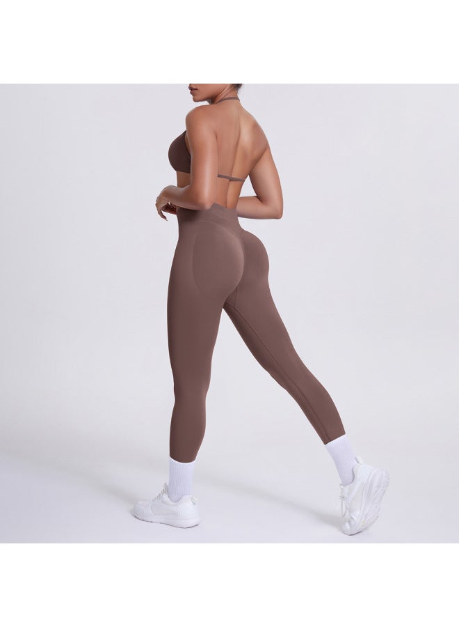 Seamless Solid Color Beautiful Back Halter Bra And Long Pants Yoga Suit Tight Running Fitness Sports Two-piece Set - Image 4