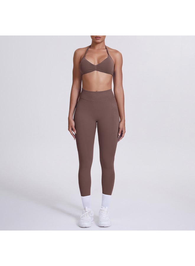Seamless Solid Color Beautiful Back Halter Bra And Long Pants Yoga Suit Tight Running Fitness Sports Two-piece Set - Image 2