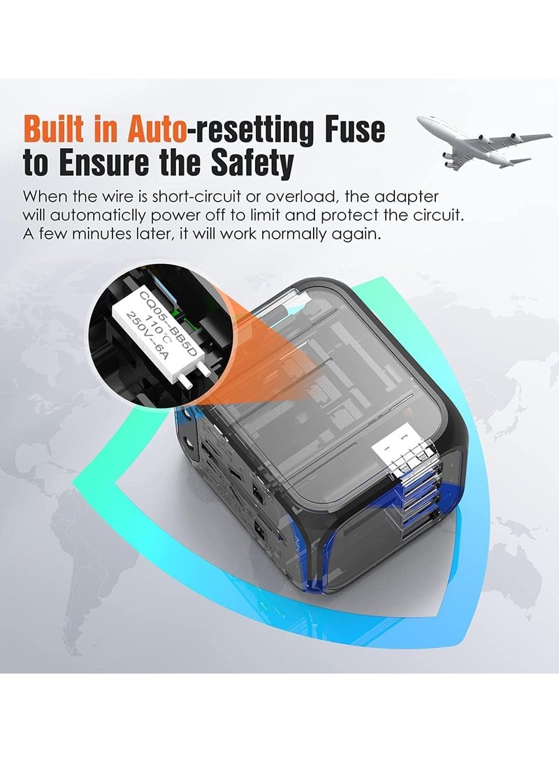 Universal Travel Adapter with 3 USB And 1 Type-C, 4 Plug Types for US UK EU AU Asia, Converter Wall Charger AC Plug Adaptor with Safety Door Fuse and Storage Bag - Image 4