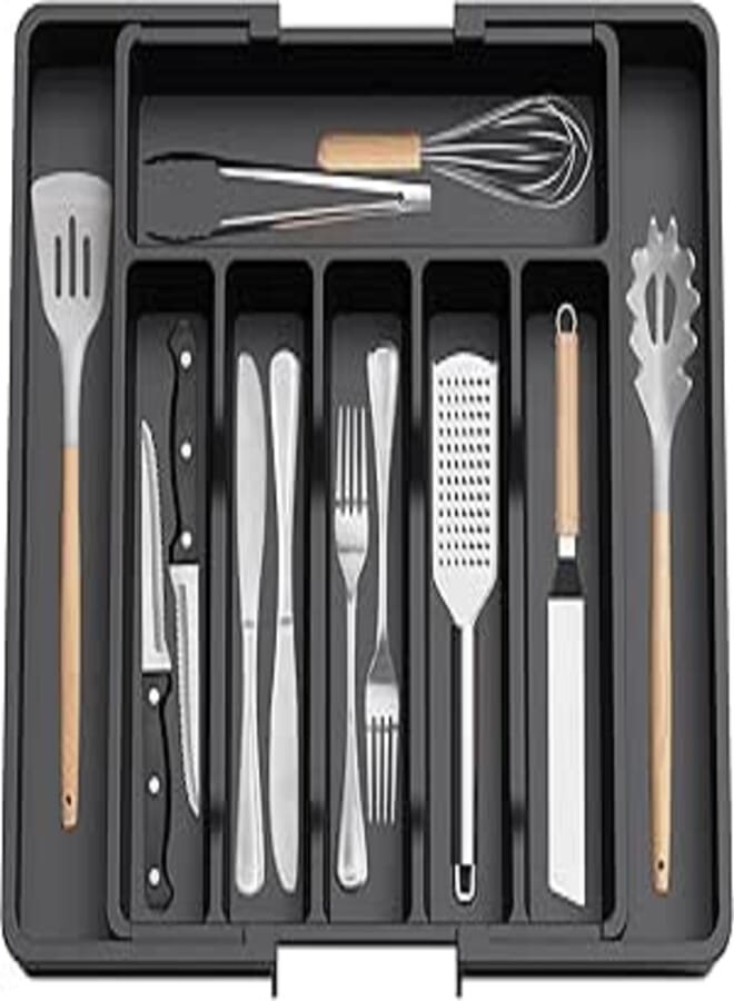 Yoawllty Utensil Organizer, Cutlery Drawer Organizer, Expandable Utensil Tray for Kitchen, Adjustable Silverware and Flatware Holder, Large Compact Plastic Storage for Spoons Forks Knives (Black)