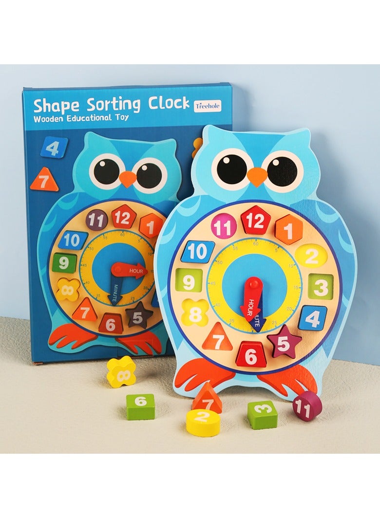 Cartoon Owl Clock for Kids Learning Time, Animal Wooden Clock with 12 Geometry Numbers, Made of Fine Quality Wooden Material, Matching the Blocks and Numbers  - Image 1