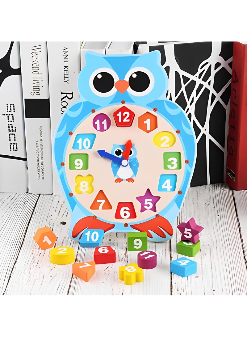 Cartoon Owl Clock for Kids Learning Time, Animal Wooden Clock with 12 Geometry Numbers, Made of Fine Quality Wooden Material, Matching the Blocks and Numbers  - Image 2