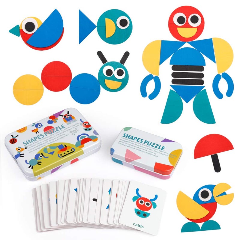 Wooden Pattern Blocks - Tangram Shape Puzzle Set (60 Pattern Cards)