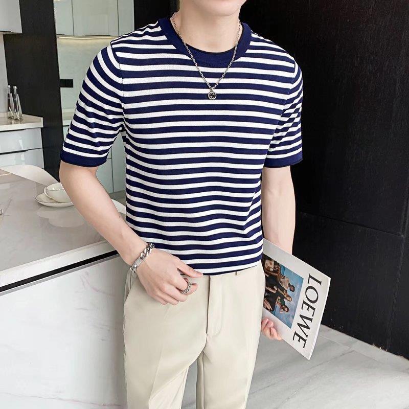 Men's T-shirt Explosive Thin 2023 Stripe Year Quick-drying Bottoming Summer Couple's Ice Silk Knitted Shirt Short-sleeved Round Neck - Image 4