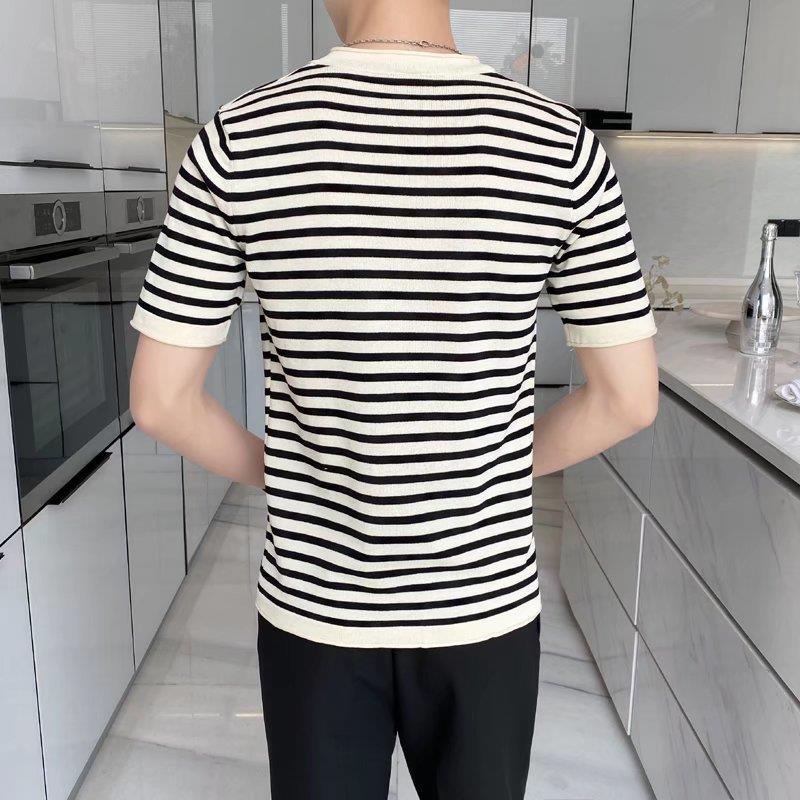Men's T-shirt Explosive Thin 2023 Stripe Year Quick-drying Bottoming Summer Couple's Ice Silk Knitted Shirt Short-sleeved Round Neck - Image 3