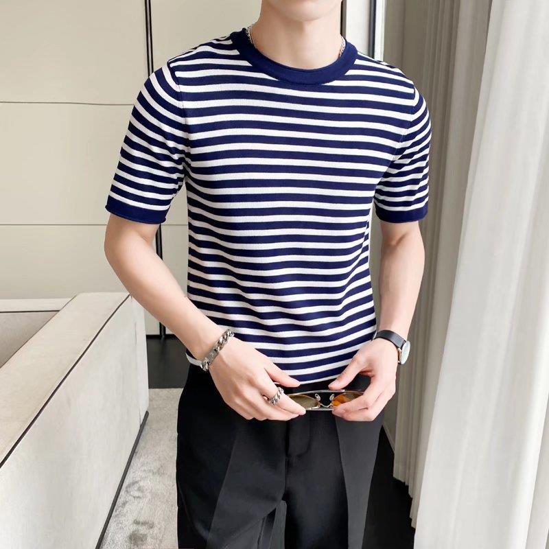 Men's T-shirt Explosive Thin 2023 Stripe Year Quick-drying Bottoming Summer Couple's Ice Silk Knitted Shirt Short-sleeved Round Neck - Image 1