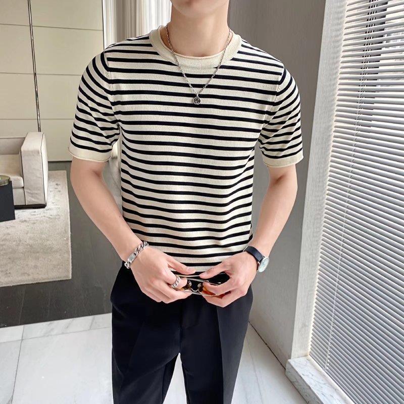 Men's T-shirt Explosive Thin 2023 Stripe Year Quick-drying Bottoming Summer Couple's Ice Silk Knitted Shirt Short-sleeved Round Neck - Image 2