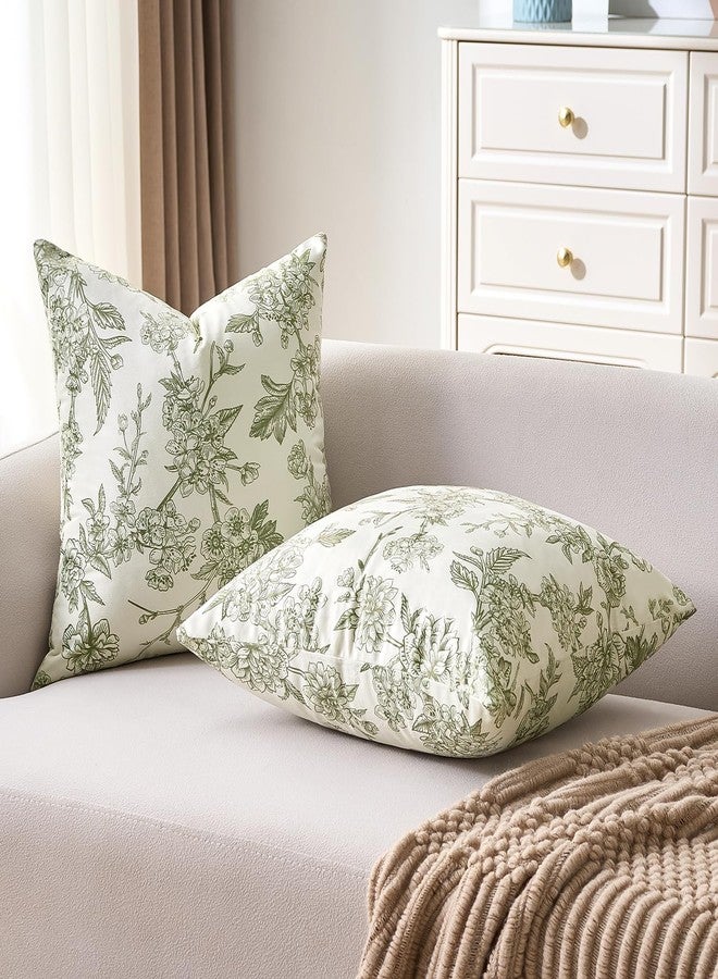 KWLET Vintage Floral Pillow Covers 20x20 Inch Sage Green Velvet Chinoiserie Pillow Cover Soft Square Pillowcase Farmhouse Flower Seasonal Cushion Covers Set of 2 for Sofa Living Room Outdoor - Image 2