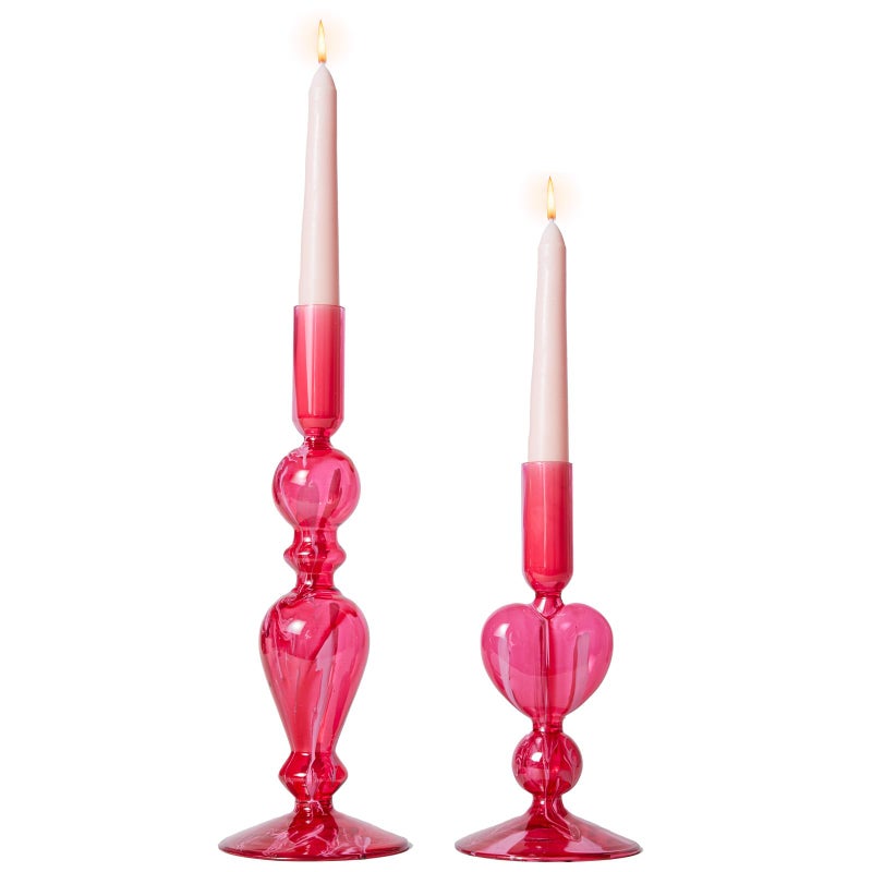 DN DECONATION Pink Glass Candle Holders Set of 2 â€“ Heart Taper Candle Holders for Valentine's Day, Candlestick Holder Wedding Decorations, Farmhouse Home Coffee Table Decor & Housewarming Gifts - Image 1