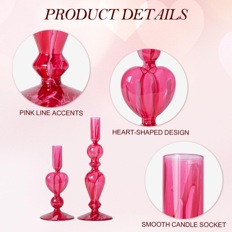DN DECONATION Pink Glass Candle Holders Set of 2 â€“ Heart Taper Candle Holders for Valentine's Day, Candlestick Holder Wedding Decorations, Farmhouse Home Coffee Table Decor & Housewarming Gifts - Image 5
