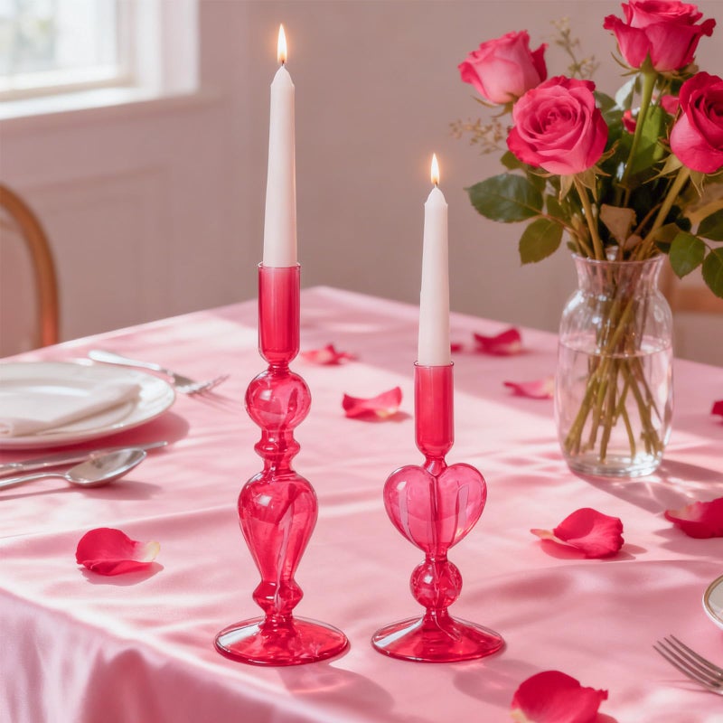 DN DECONATION Pink Glass Candle Holders Set of 2 â€“ Heart Taper Candle Holders for Valentine's Day, Candlestick Holder Wedding Decorations, Farmhouse Home Coffee Table Decor & Housewarming Gifts - Image 4