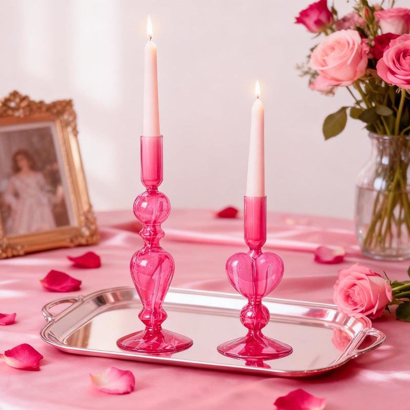 DN DECONATION Pink Glass Candle Holders Set of 2 â€“ Heart Taper Candle Holders for Valentine's Day, Candlestick Holder Wedding Decorations, Farmhouse Home Coffee Table Decor & Housewarming Gifts - Image 2