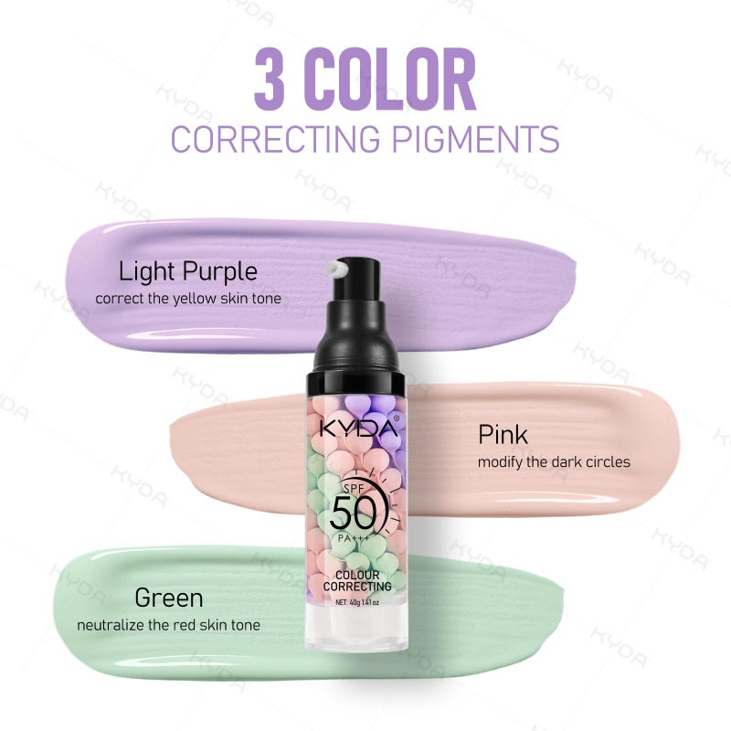 KYDA 3 in 1 Color Correcting Primer,SPF Makeup 50 PA+++,Color Correcting Serum, Moisturizing Makeup Sunscreen Primer Face, One Step Makeup Primer, Oil Control Skin Corrector,Purple Pink Green - Image 2