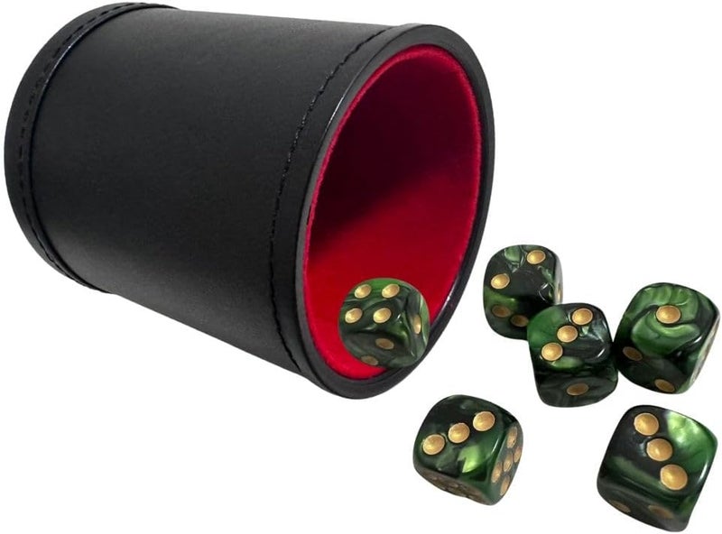 PU Leatherette Dice Cup with 6 D6 Black and Green Dice for Yahtzee Farkle Bar Party Dice Games