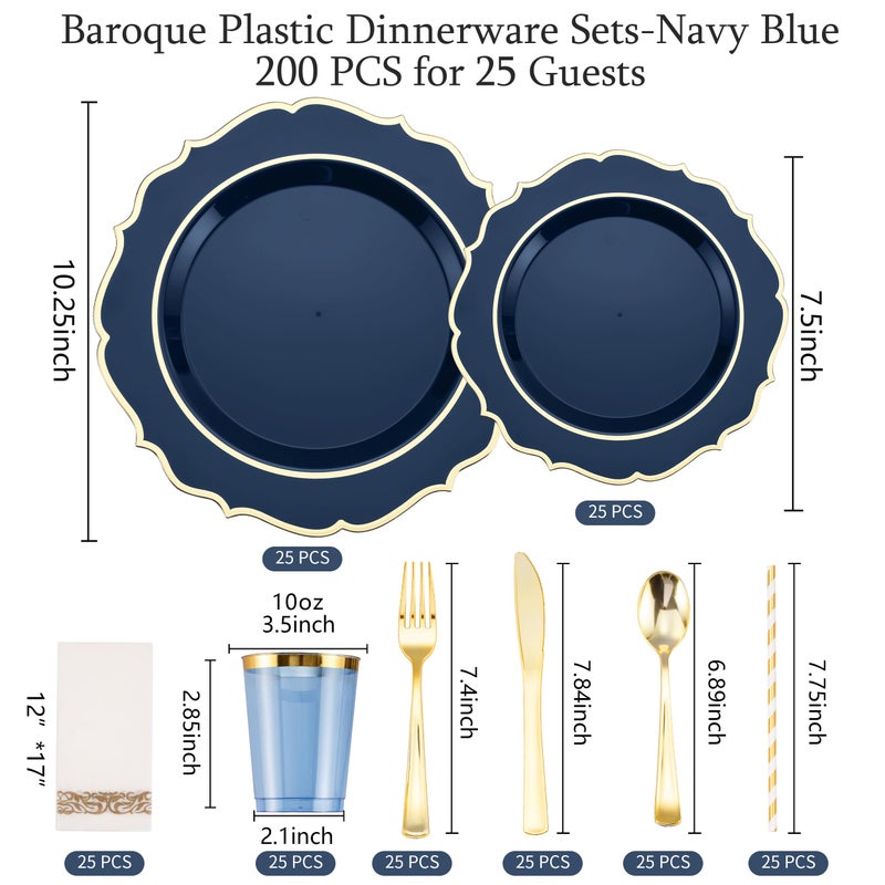 ISFANGCO 200 PCS Premium Navy Blue Hard Plastic Plates Set for 25 Guests Gold Rimmed Disposable Plate for Party Wedding with Napkins 25 Dinner&Dessert Plates Spoons Forks Knives Cups - Image 2