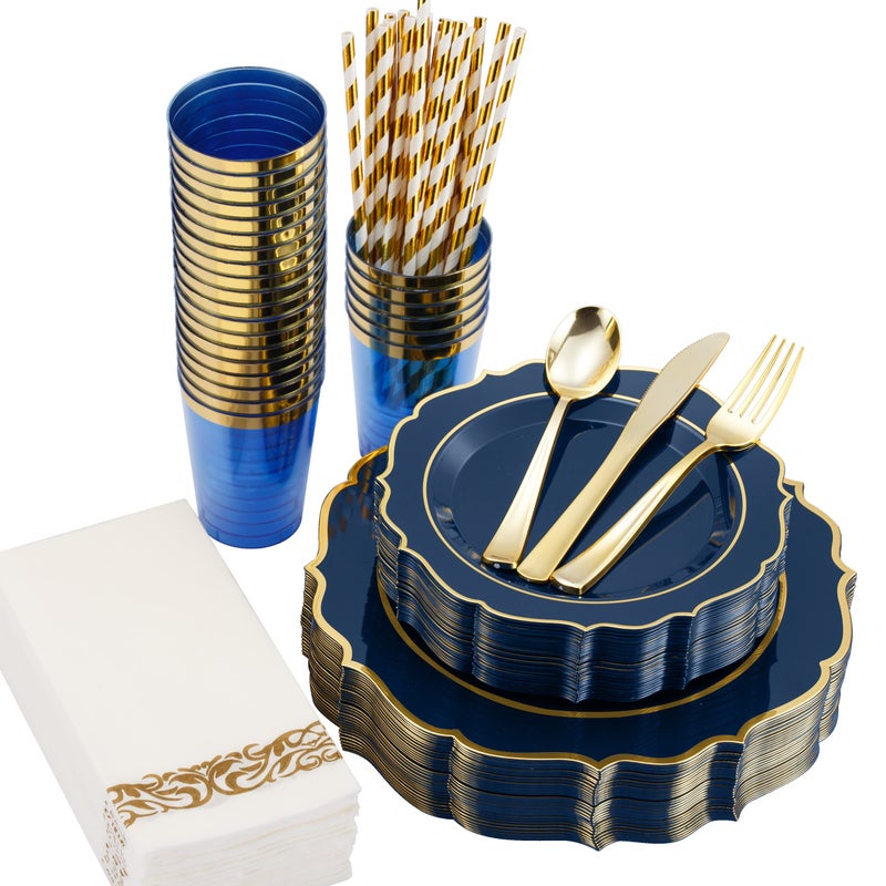 ISFANGCO 200 PCS Premium Navy Blue Hard Plastic Plates Set for 25 Guests Gold Rimmed Disposable Plate for Party Wedding with Napkins 25 Dinner&Dessert Plates Spoons Forks Knives Cups - Image 1