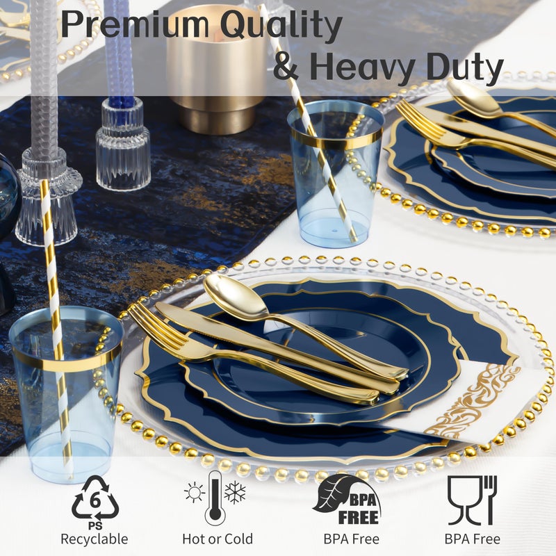 ISFANGCO 200 PCS Premium Navy Blue Hard Plastic Plates Set for 25 Guests Gold Rimmed Disposable Plate for Party Wedding with Napkins 25 Dinner&Dessert Plates Spoons Forks Knives Cups - Image 3