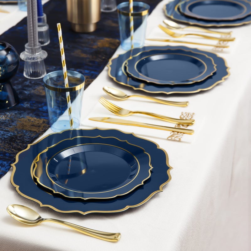 ISFANGCO 200 PCS Premium Navy Blue Hard Plastic Plates Set for 25 Guests Gold Rimmed Disposable Plate for Party Wedding with Napkins 25 Dinner&Dessert Plates Spoons Forks Knives Cups - Image 5