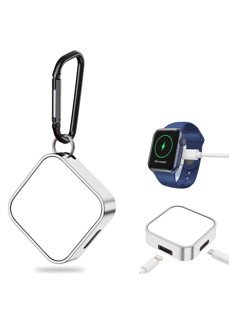 شاحن لاسلكي مغناطيسي لساعة Apple Watch Series 7/6/5/4/3/2/1/SE، شاحن صغير بمنفذين مع محول USB، سلسلة مفاتيح شحن سريع للسفر (فضي) - Image 1