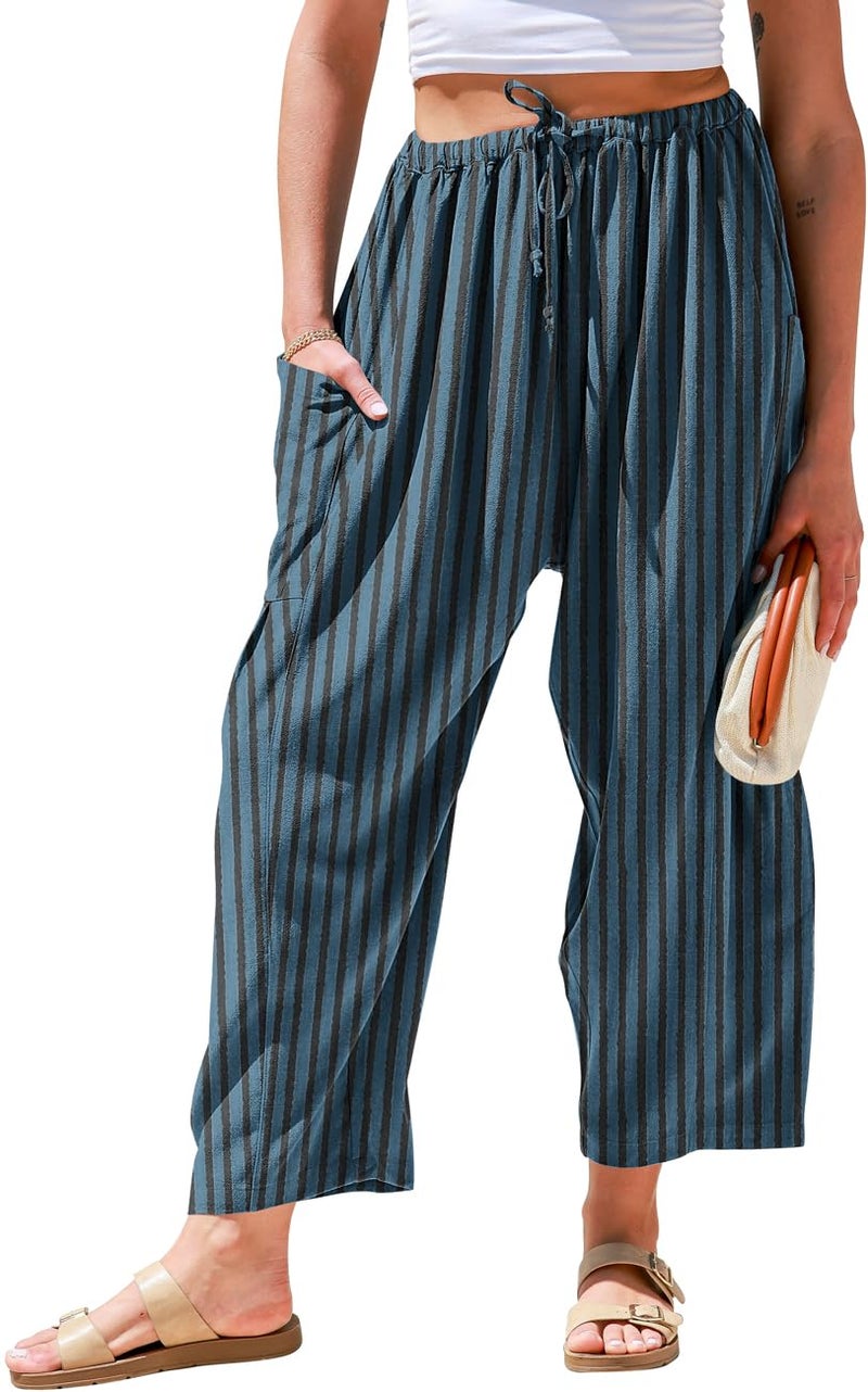 TARSE Womens Linen Wide Leg Pants Casual Loose Drawstring Low Waist Summer Beach Palazzo Harem Pants with Pockets(Striped,XL) - Image 1