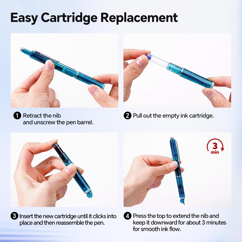 WRITECH Clictek Fountain Pen Set: Retractable Style Blue Ink Medium Nib Transparent Barrel, Includes 5 Ink Cartridges for Gift Set, Smooth Writing No Leaking - Image 2
