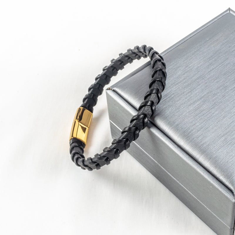 Stainless Steel & Leather Golden Bracelet For Him - Image 2