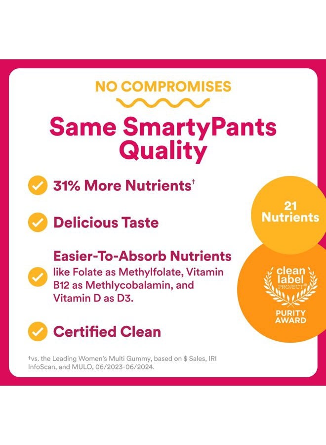 SmartyPants Women's Multivitamin Gummies - Improved Formula: Omega 3 (DHA/EPA), Methylfolate, CoQ10, Vitamin D3, C, Vitamin B12, B6, A, K & Zinc, Inositol, Gluten Free, 120 Count (40 Day Supply) - Image 4