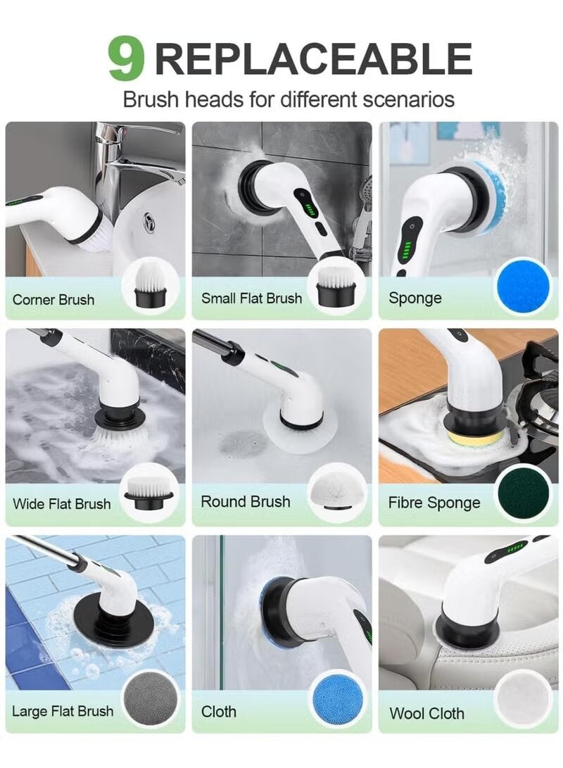 JAJEEK Cordless Electric Spin Scrubber with 9 Replaceable Brush Heads, 48-Inch Adjustable Extension, Rechargeable Power Cleaning Brush for Bathroom, Kitchen, Tile, Tub, Shower, and Floor Deep Cleaning - Image 5