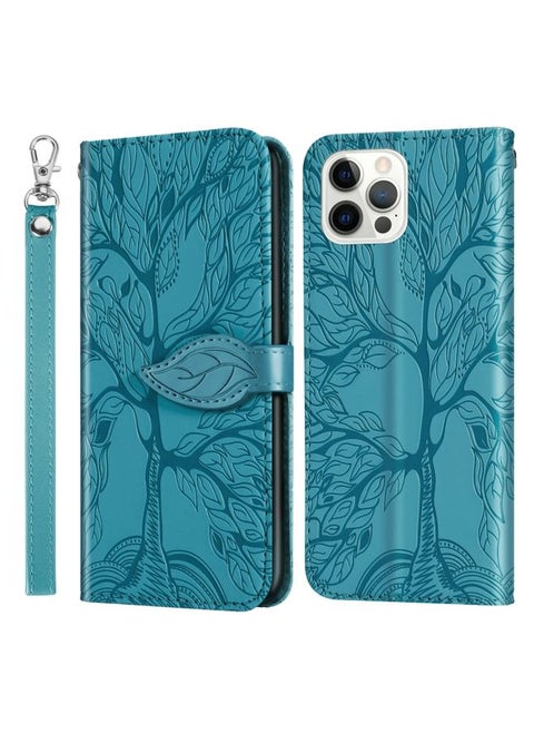 Case Cover For iPhone 12 / 12 Pro Life of Tree Embossing Pattern Horizontal Flip Leather Case with Holder & Card Slot & Wallet & Photo Frame & Lanyard Lake Blue