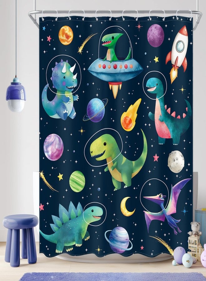 Ufeela Kids Dinosaur Shower Curtain 60Wx72L Inch Cute Funny Dino in Blue Outer Space Cartoon Planet Cosmos Rocket Spaceship Bathroom Set Toddler Nursery Bath Curtain Bathtub Accessories Home Decor - Image 1