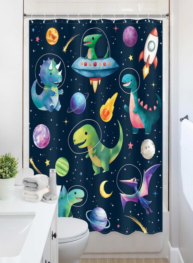 Ufeela Kids Dinosaur Shower Curtain 60Wx72L Inch Cute Funny Dino in Blue Outer Space Cartoon Planet Cosmos Rocket Spaceship Bathroom Set Toddler Nursery Bath Curtain Bathtub Accessories Home Decor - Image 4