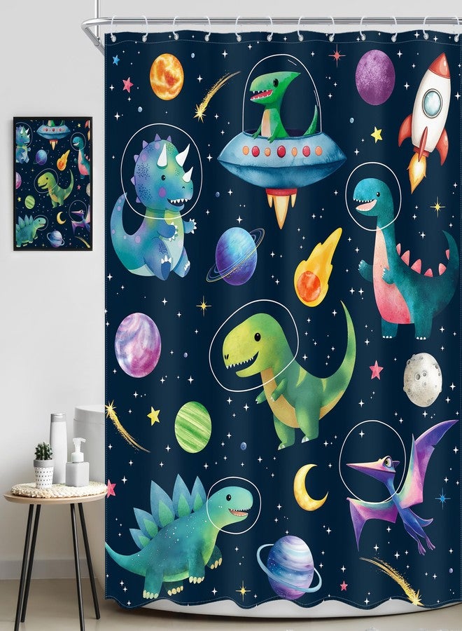 Ufeela Kids Dinosaur Shower Curtain 60Wx72L Inch Cute Funny Dino in Blue Outer Space Cartoon Planet Cosmos Rocket Spaceship Bathroom Set Toddler Nursery Bath Curtain Bathtub Accessories Home Decor - Image 2