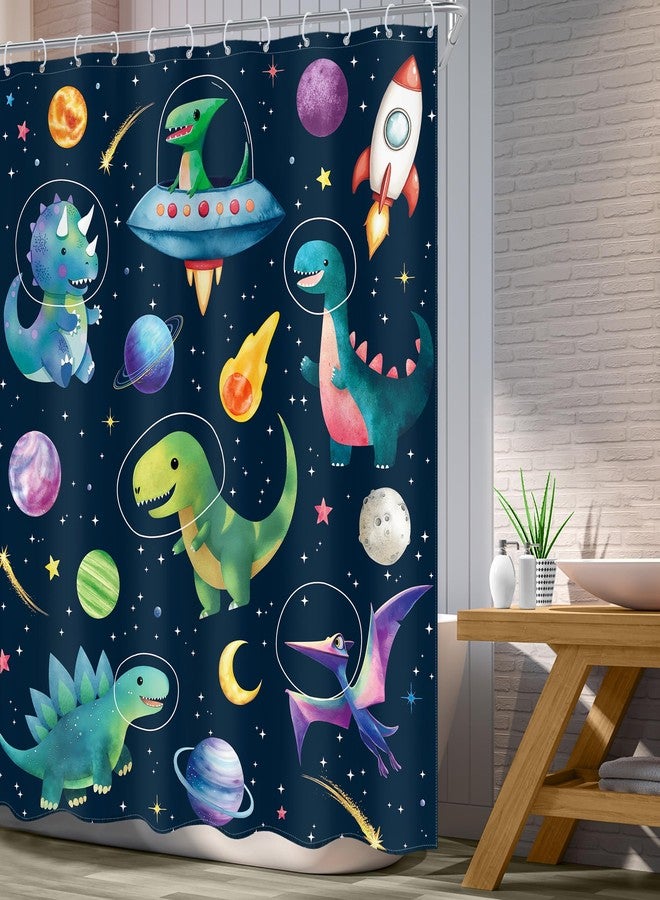 Ufeela Kids Dinosaur Shower Curtain 60Wx72L Inch Cute Funny Dino in Blue Outer Space Cartoon Planet Cosmos Rocket Spaceship Bathroom Set Toddler Nursery Bath Curtain Bathtub Accessories Home Decor - Image 3